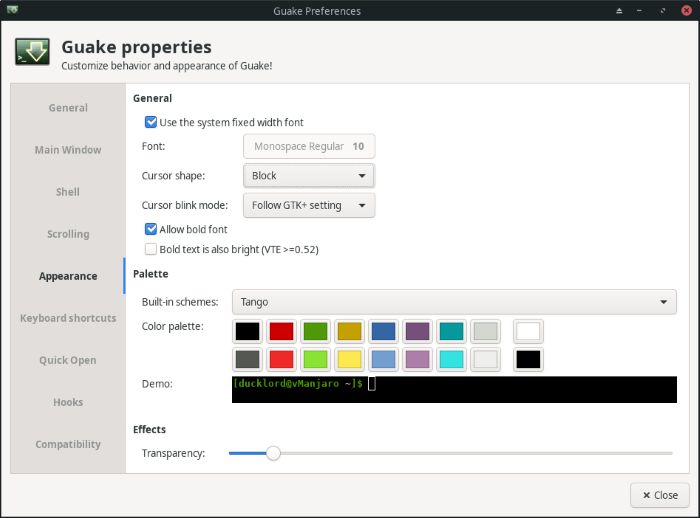 Guake Properties Appearance
