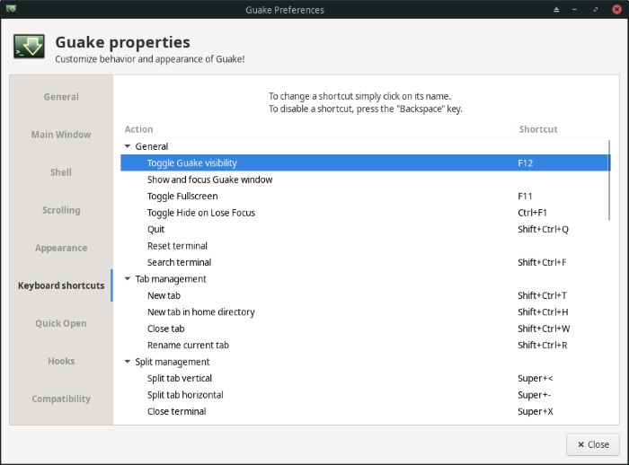 Guake Properties Keyboard Options