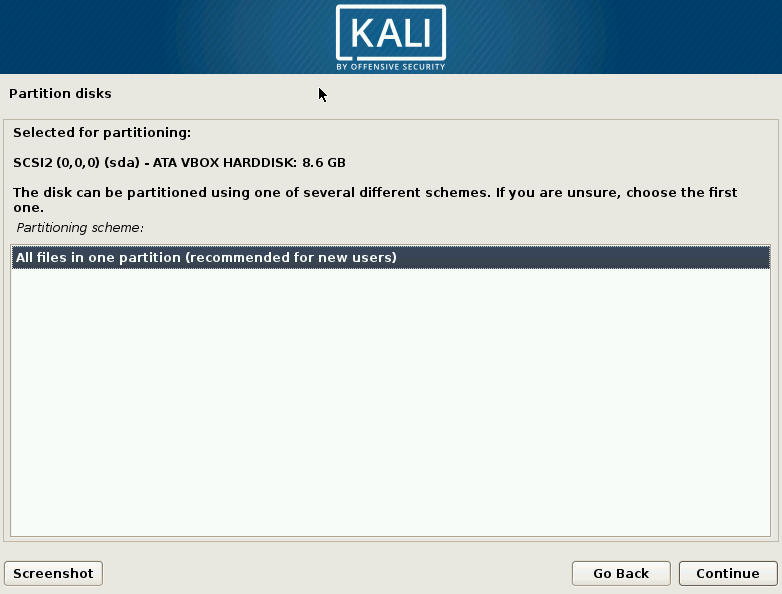Kali Linux All Files Partition Selection Screen