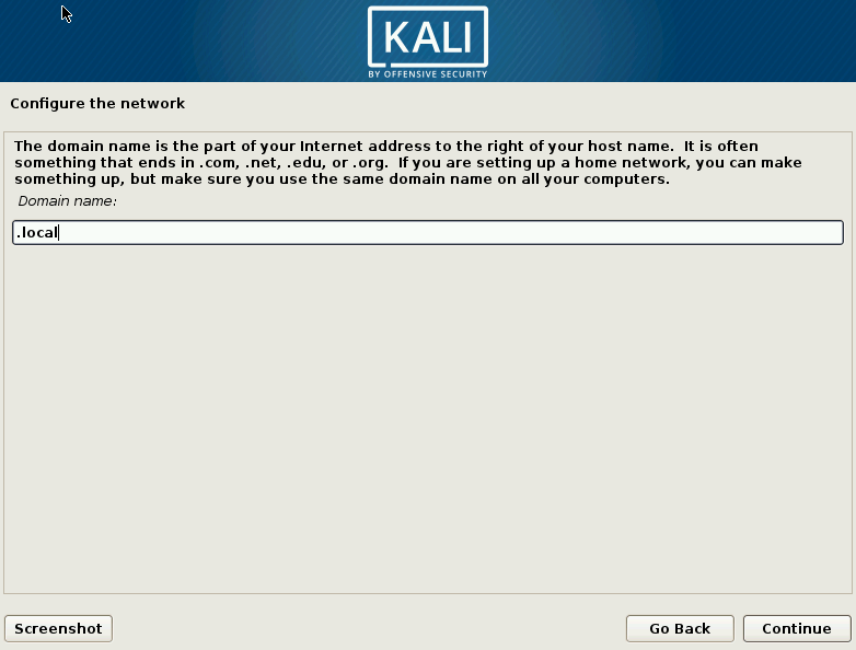 Kali Linux Choose Domain Name Screen