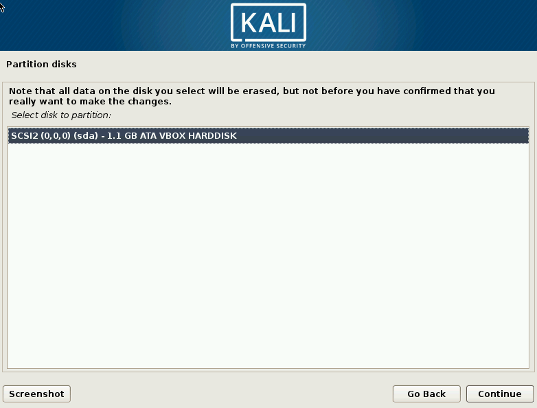 Kali Linux Choose Hard Drive Screen