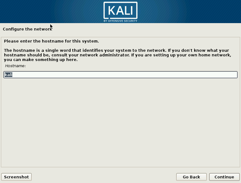 Kali Linux Choose Hostname Screen