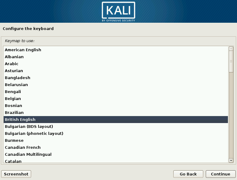 Kali Linux Choose Keyboard Screen