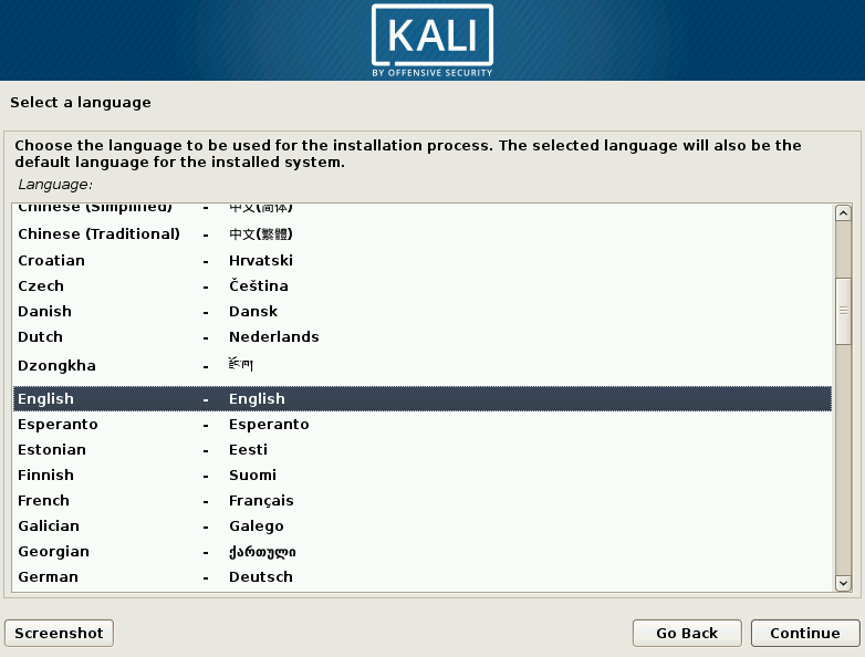 Kali Linux Choose Language Screen