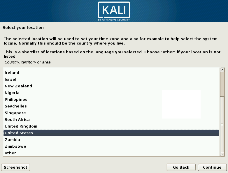 Kali Linux Choose Location Screen