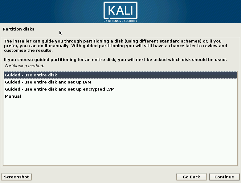 Kali Linux Choose Partition Method Screen