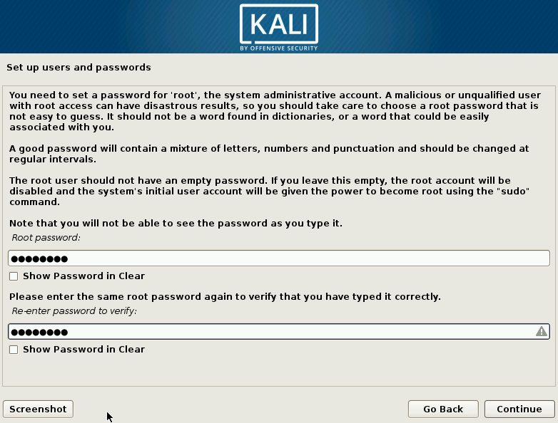 Kali Linux Choose Root Password Screen