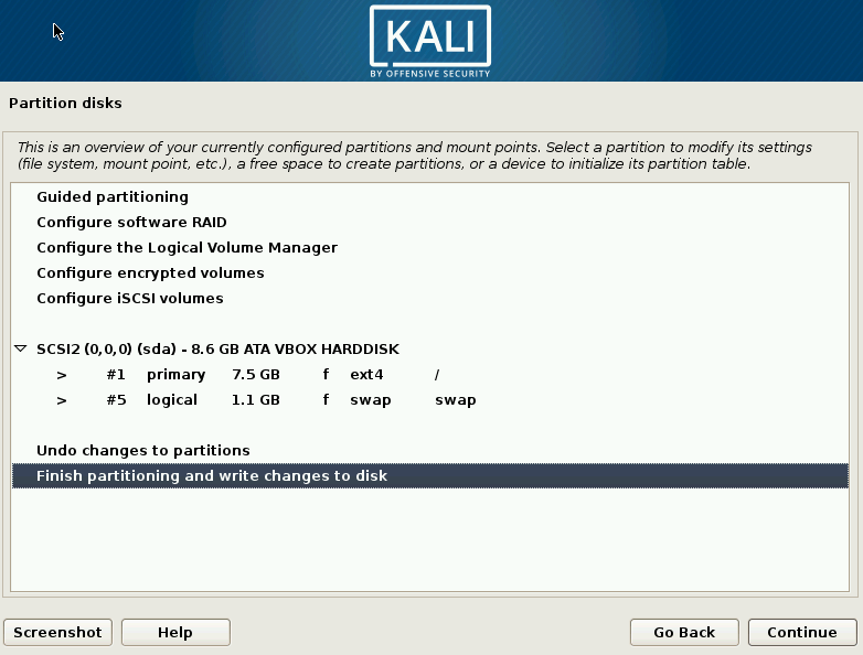 Kali Linux Final Partition Screen