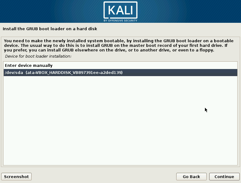 Kali Linux Grub Installation Location Choice