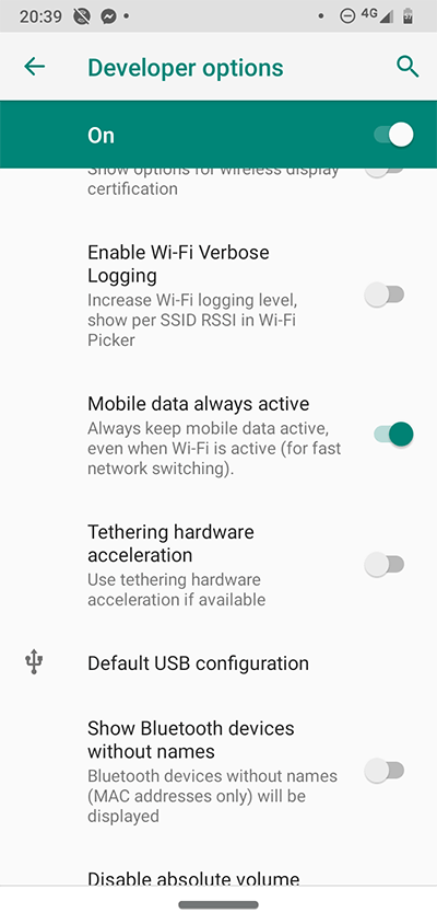 Android Developer Options Mobile Data