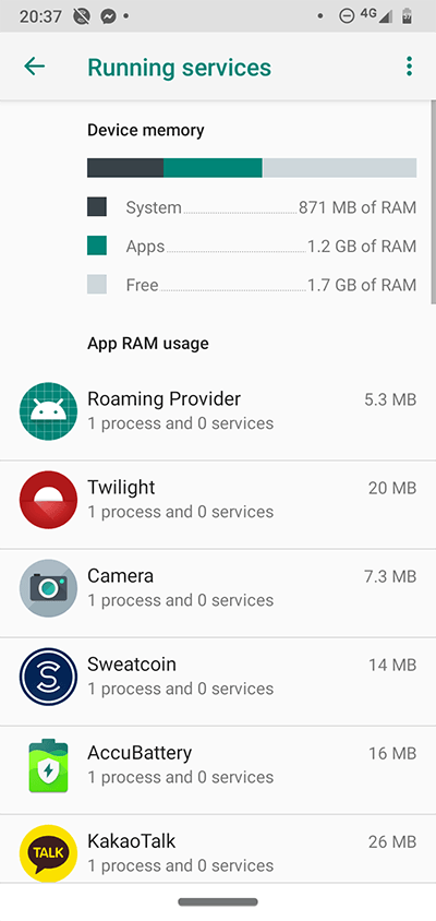 Android Developer Options Running Apps