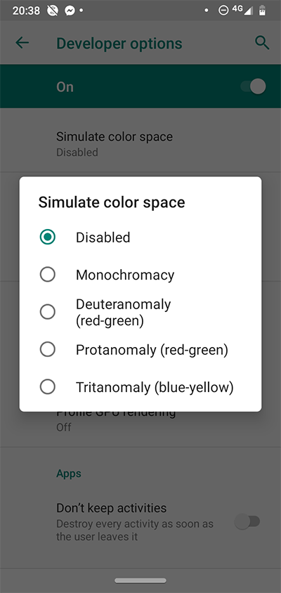 Android Developer Options Simulate Color Space