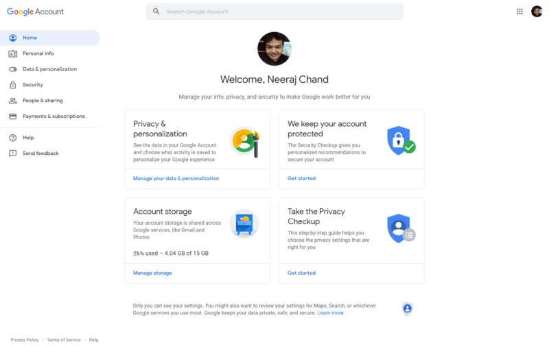 Google Account Home Page