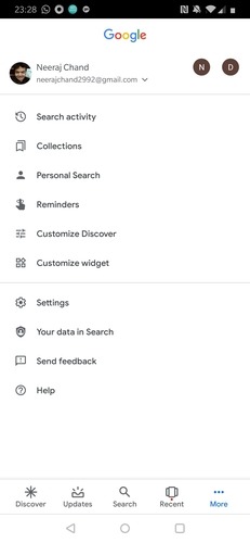 Google App Account Menu