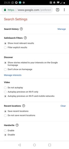 Google App Search Settings
