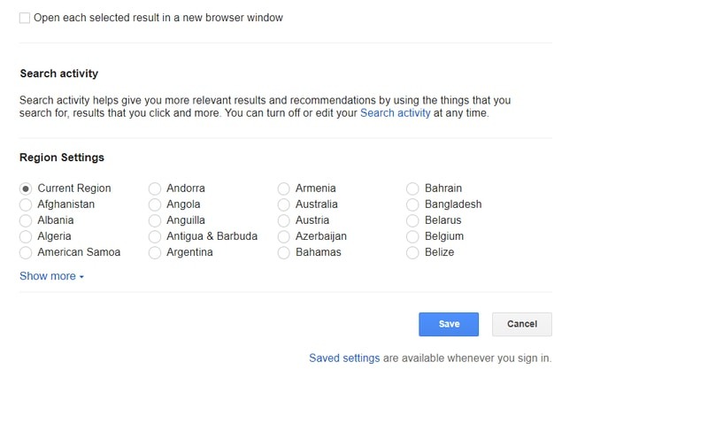 Google Search Settings Save