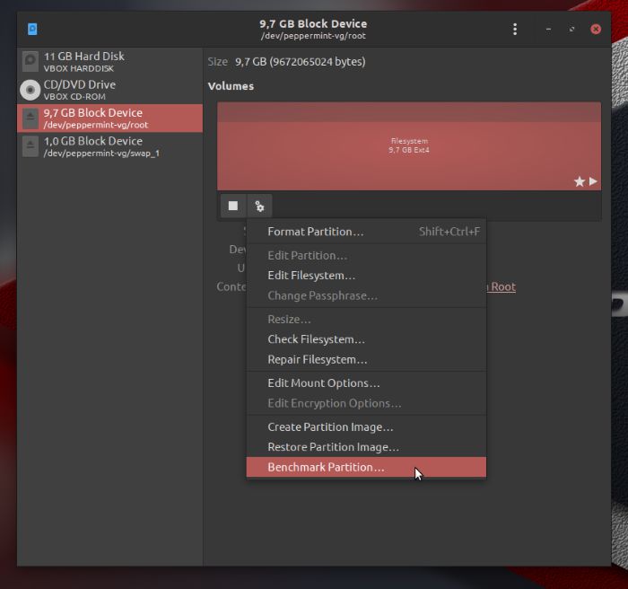 Gnome Disk Utility Benchmarking Gear Menu