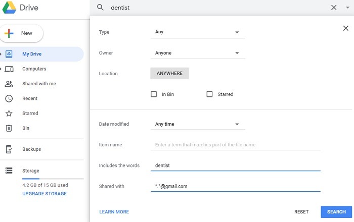 Google Drive Search Options
