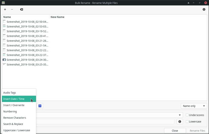 Thunar Bulk Rename Pulldown Menu