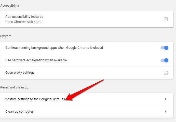 Chrome Crashing Not Working Chrome Menu Settings Advanced Reset Cleanup Restore Settings Original Defaults
