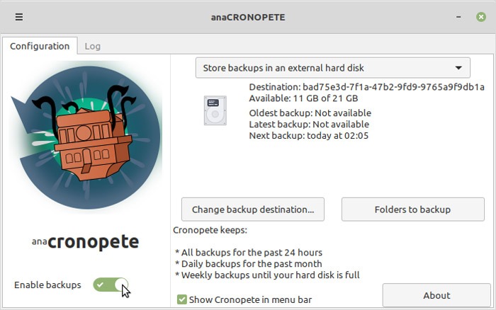 Linux Time Machine Alternatives Cronopete Main Window