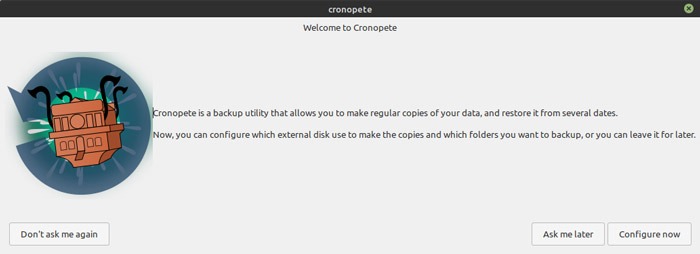 Linux Time Machine Alternatives Cronopete Startup Wizard