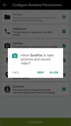 Surefox Kiosk Mode Runtime Permissions Enabled