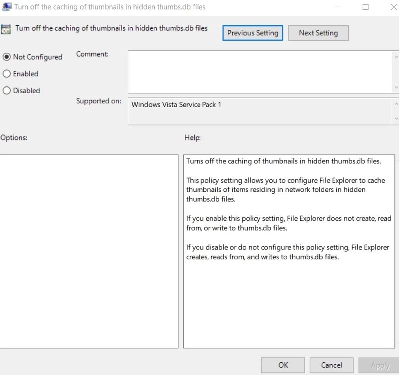 File Error Turn Off Caching Thumbs Double-clicking the "Turn off the caching of thumbnails in hidden thumbs.db files" option in Local Group Policy.