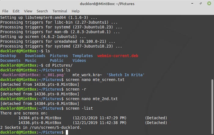 Screen Terminal Multitasking Session List