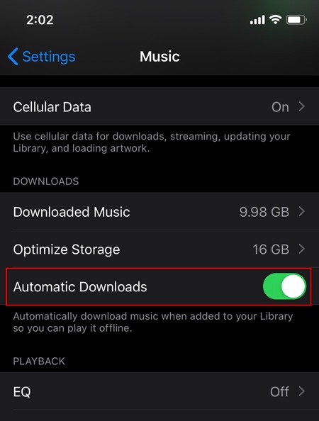 Automatic Downloads Apple Music Enable Toggle
