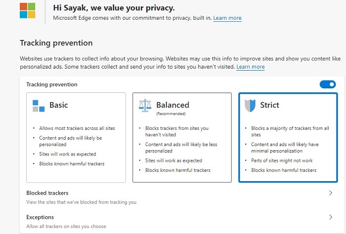 Hands On Microsoft Edge Privacy Strict Trackers Blocking