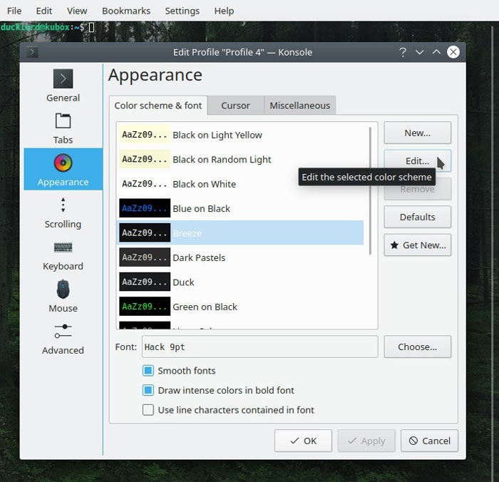 Konsole Wallpaper Edit Color Scheme