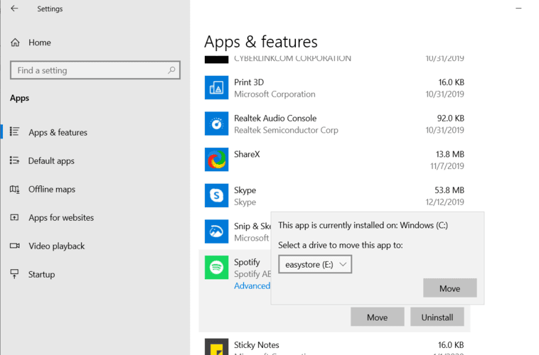 Moving Windows Programs Apps Settings Select Drive