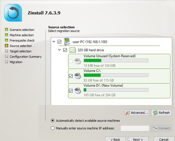Zinstall Migration Source Selection At Target Computer