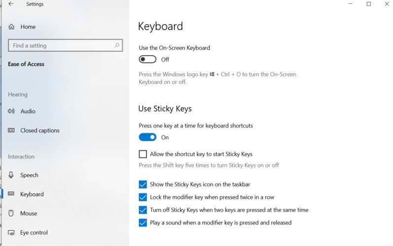 Disable Sticky Keys Enabled Options