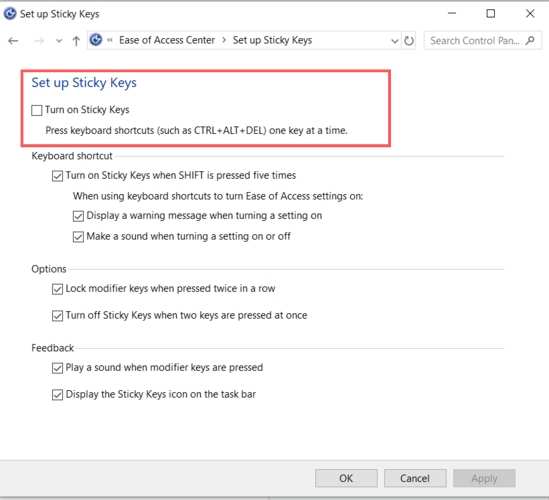 Disable Sticky Keys Turn On Checkbox
