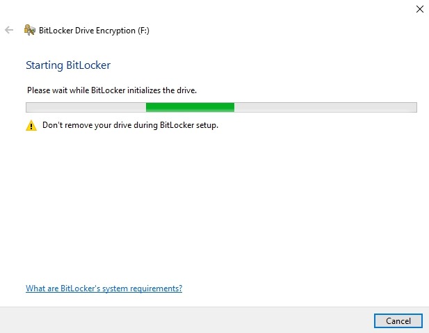BitLocker initializing the USB drive in Windows 10. 