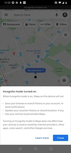 Google Maps Incognito Warning