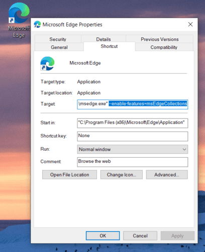 Microsoft Edge Collections Change Shortcut Target