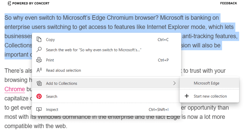 Microsoft Edge Collections Text To Collection Click