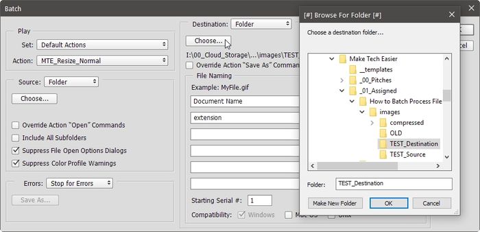 Ps Batch Process Batch Window Destination Folder Selection