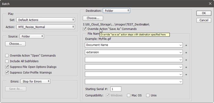 Ps Batch Process Batch Window Override Action Save As