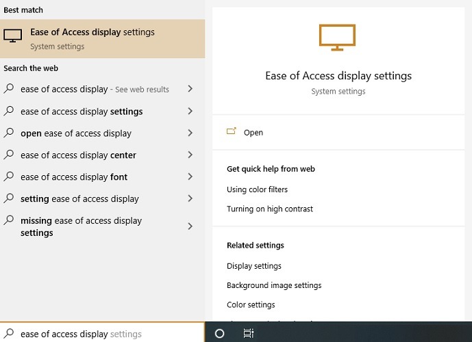 Viewing "Ease of Access display settings" in Windows 10 Start menu.
