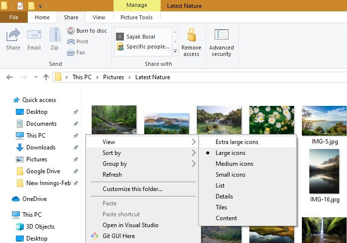 Choosing icon size from right-click in Windows 10 white space followed by "View --> Icon size."