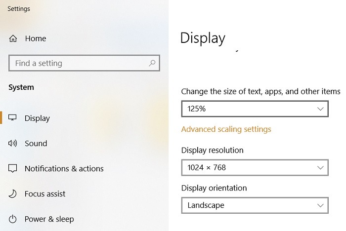 Using "Change the size of text, apps and other items" in Windows 10 display.