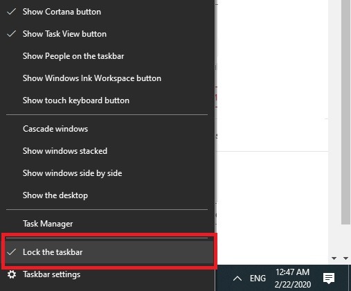 Lock the taskbar in Windows 10.