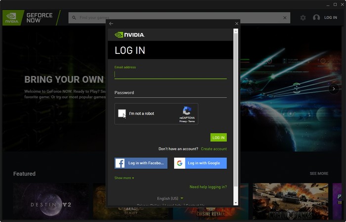 Geforce Now Game Streaming Log In Window