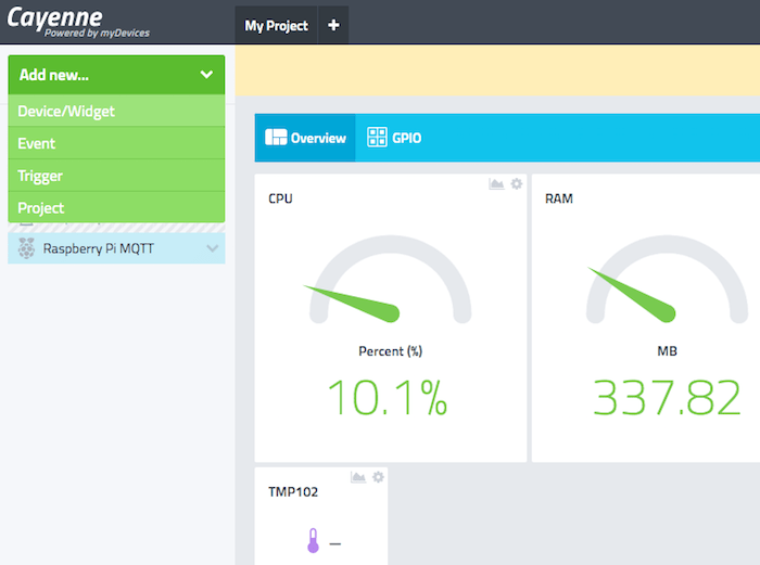 Log into the Cayenne dashboard and select "Add new... > Device/Widget"
