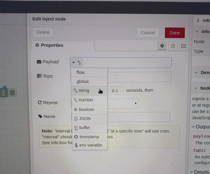 Let's give our Node-RED workflow a payload - I'm using a string.