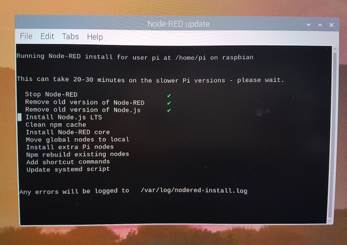 Raspbian will now download and install Node-RED, npm and Node.js